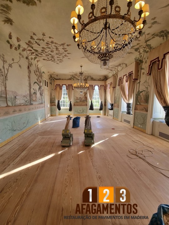 Máquinas de afagar num salão do Palácio de Seteais, durante a obra